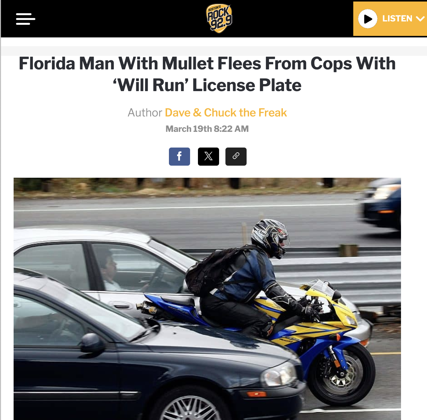 motorcycles more dangerous than cars - Rock 92.9 Listen V Florida Man With Mullet Flees From Cops With 'Will Run' License Plate Author Dave & Chuck the Freak March 19th fX